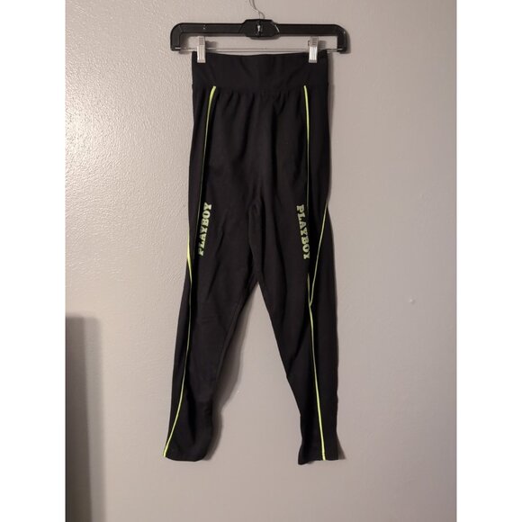 Playboy X Missguided Black Green Spellout Leggings Size 0 Skinny Leg - Picture 1 of 8